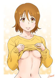 Rule 34 | 1girl, artist name, breasts, brown eyes, brown hair, closed mouth, clothes lift, commentary request, happinesscharge precure!, highres, lifted by self, long sleeves, looking at viewer, medium breasts, navel, no bra, oomori yuuko, precure, satou yasu, shirt, shirt lift, short hair, signature, smile, solo, underboob, upper body, yellow shirt