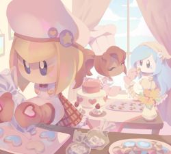 Rule 34 | 3girls, apron, baking, blonde hair, blue hair, blue sky, cake, chef hat, cookie, cupcake, flamberge (kirby), flower, food, francisca (kirby), hat, heart, kirby: star allies, kirby (series), long hair, multiple girls, nintendo, no mouth, no nose, oven mitts, pastel colors, ponytail, rayman limbs, red hair, sky, stardust-dreamii, window, zan partizanne