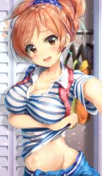 Rule 34 | 1girl, blouse, blurry, blush, breasts, brown eyes, cleavage, clothes lift, collarbone, commentary request, depth of field, earrings, flying sweatdrops, foreshortening, glint, idolmaster, idolmaster cinderella girls, jewelry, komatsu ibuki, kuria (clear trip second), large breasts, lifting own clothes, looking at viewer, navel, open mouth, outstretched arm, pink hair, reaching, reaching towards viewer, selfie, shiny skin, shirt, shirt lift, solo, stomach, striped clothes, striped shirt, swept bangs, tareme, upper body