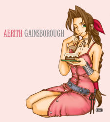 Rule 34 | 1girl, aerith gainsborough, antenna hair, artist name, bare shoulders, belt, bracelet, braid, breasts, brown hair, cake, character name, choker, cleavage, curly hair, dress, eating, final fantasy, final fantasy vii, finger to mouth, finger to own mouth, food, fruit, full body, green eyes, hair ribbon, jewelry, keith (keith&#039;s workshop), kingdom hearts, medium breasts, multiple bracelets, necklace, one eye closed, parted bangs, pink background, pink dress, red ribbon, ribbon, sidelocks, sitting, solo, square enix, strawberry, unbuttoned dress, wink