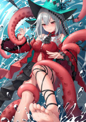 Rule 34 | 1girl, absurdres, aqua hat, arknights, bare shoulders, barefoot, black ribbon, blush, chinese commentary, commentary request, detached sleeves, dress, feet, hair between eyes, hat, highres, leg ribbon, long hair, long sleeves, official alternate costume, red dress, red eyes, revision, ribbon, rinne (buye rinne), silver hair, skadi (arknights), skadi the corrupting heart (arknights), solo, tentacles, toes, very long hair, water, wet, wide sleeves