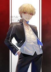 Rule 34 | 1boy, absurdres, artist name, black jacket, black pants, blonde hair, casual, collarbone, collared shirt, cowboy shot, fate/stay night, fate/zero, fate (series), gilgamesh (fate), hands in pockets, highres, ichimichi 111, jacket, looking at viewer, male focus, open clothes, open jacket, pants, red background, red eyes, shirt, short hair, smile, solo, two-tone background, white background, white shirt
