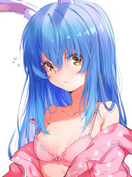 Rule 34 | 1girl, absurdres, alternate costume, alternate eye color, alternate hairstyle, animal ear fluff, animal ears, animal print, blue hair, blush, bra, breasts, cleavage, closed mouth, collarbone, commentary, hair between eyes, hair down, highres, hololive, kutar22, lace, lace-trimmed bra, lace trim, light blue hair, long hair, looking at viewer, medium breasts, off shoulder, open clothes, open shirt, orange eyes, partially undressed, pink bra, pink shirt, rabbit-shaped pupils, rabbit ears, rabbit print, shirt, simple background, sleepwear, sleepy, solo, straight hair, strap slip, symbol-only commentary, symbol-shaped pupils, thick eyebrows, underwear, upper body, usada pekora, virtual youtuber, white background