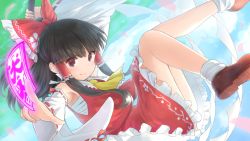 Rule 34 | 1girl, ankle socks, armpits, bare legs, bare shoulders, black eyes, black hair, bow, cherry blossom print, cloud, day, detached sleeves, fighting stance, floral print, frilled bow, frilled skirt, frills, full body, gohei, hair bow, hair tubes, hakurei reimu, hidden star in four seasons, highres, looking at viewer, ofuda, petals, red bow, red shirt, red skirt, shirt, shoes, skirt, skirt set, sky, socks, spring (season), touhou, wamu (chartreuse), yellow neckwear