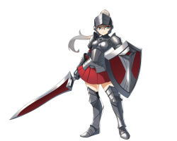 Rule 34 | 1girl, armor, blue eyes, boots, breastplate, female knight, full body, gauntlets, hair between eyes, highres, holding, holding shield, holding sword, holding weapon, knight, long hair, looking at viewer, original, pleated skirt, ponytail, red skirt, ronapan22 (baekillmong), shield, simple background, skirt, solo, sword, thigh boots, thighhighs, weapon, white background