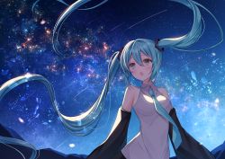 Rule 34 | 1girl, :o, aqua hair, aqua necktie, blush, breasts, commentary, detached sleeves, haruhitooo, hatsune miku, highres, long hair, long sleeves, looking away, medium breasts, necktie, night, outdoors, sky, sleeveless, solo, star (sky), starry sky, twintails, upper body, vocaloid