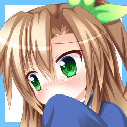 Rule 34 | 10s, 1girl, blush, bow, brown hair, close-up, covering own mouth, green eyes, hair bow, hair ornament, hand over own mouth, if (neptunia), long hair, looking at viewer, mugshot, neptune (series), solo, whitey
