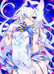Rule 34 | 1girl, blue eyes, blue flower, blue rose, breasts, butterfly hair ornament, closed mouth, commentary request, copyright request, dress, flower, gloves, groin, hair between eyes, hair ornament, hands up, highres, horns, long hair, looking at viewer, mika pikazo, official art, pelvic curtain, petals, rose, sleeveless, sleeveless dress, small breasts, solo, very long hair, white dress, white gloves, white hair