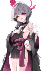 Rule 34 | 1girl, absurdres, bandaged arm, bandaged hand, bandages, bare shoulders, bell, blue archive, blush, breasts, cowboy shot, detached sleeves, fluffyebi01, gauze, gauze on cheek, grey hair, grey sleeves, halo, highres, japanese clothes, jingle bell, long hair, obi, open mouth, red eyes, red halo, sash, shuro (blue archive), simple background, small breasts, smile, solo, white background