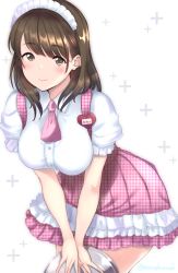 Rule 34 | 1girl, anegasaki nene, blush, breasts, brown eyes, brown hair, character name, frill trim, frilled skirt, frills, headdress, heart, highres, kanji, large breasts, looking at viewer, love plus, maid cafe, maid headdress, masaoka misaki, medium hair, name tag, necktie, pink necktie, plaid, plaid skirt, shirt, short sleeves, simple background, skirt, smile, solo, suspender skirt, suspenders, thighs, tray, waitress, white background, white shirt