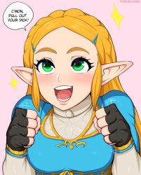 Rule 34 | 1girl, afrobull, bad id, bad pixiv id, blonde hair, blue shirt, blush, braid, breasts, english text, fingerless gloves, gloves, green eyes, large breasts, long hair, looking at viewer, nintendo, open mouth, parted bangs, pink background, pointy ears, princess zelda, shirt, simple background, solo, teeth, the legend of zelda, the legend of zelda: breath of the wild, thick eyebrows