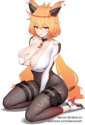 Rule 34 | 1girl, bodysuit, breasts, buttons, deep skin, feet, grabbing, grabbing own breast, halo, high heels, highres, horns, katrena (vtuber), large breasts, long hair, low twintails, navel, open mouth, orange hair, original, secon, shoes, skin tight, solo, thigh strap, thighs, twintails, very long hair, virtual youtuber