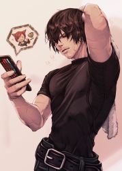 Rule 34 | 2boys, absurdres, adventurer (ff14), animal ears, arm behind head, arm up, bare arms, belt, black shirt, brown hair, cat ears, cellphone, closed mouth, covered erect nipples, drying, drying hair, facial hair, final fantasy, final fantasy xiv, g&#039;raha tia, hair between eyes, half-closed eyes, hand up, highres, holding, holding phone, holding towel, hyur, light smile, lips, looking at object, male focus, mature male, mihira (tainosugatayaki), miqo&#039;te, multiple boys, pants, pectorals, phone, red hair, scar, scar on arm, shirt, short hair, short sleeves, smartphone, solo focus, stubble, towel, upper body, warrior of light (ff14), wet, wet hair