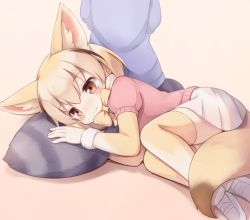 Rule 34 | 10s, 2girls, akiomoi, animal ears, blonde hair, blush, bow, bowtie, brown eyes, commentary, common raccoon (kemono friends), elbow gloves, fennec (kemono friends), fox ears, fox tail, gloves, hugging another&#039;s tail, kemono friends, lying, multiple girls, on side, puffy short sleeves, puffy sleeves, raccoon tail, short hair, short sleeves, skirt, smile, striped tail, tail, hugging tail, tears, thighhighs, white skirt