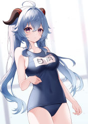 1girl absurdres ahoge alternate_costume bare_arms bare_shoulders blue_hair blue_one-piece_swimsuit blush breasts closed_mouth commentary covered_navel cowboy_shot crossed_bangs ganyu_(genshin_impact) genshin_impact goat_horns highres horns large_breasts long_hair looking_at_viewer one-piece_swimsuit origami_(poinia) purple_eyes sidelocks solo swimsuit symbol-only_commentary twintails