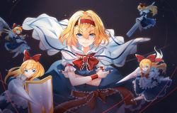 Rule 34 | 1girl, absurdres, alice margatroid, apron, arm up, arms up, back bow, bai shiro@, belt, blonde hair, blue dress, blue eyes, bow, bowtie, brown footwear, capelet, closed mouth, commentary request, crossed arms, doll, dress, eyes visible through hair, fingernails, flying, frills, gradient background, gradient hair, grey background, grey bow, grey capelet, grey shirt, grey socks, hair between eyes, hairband, hand up, hands up, highres, kneehighs, long fingernails, long hair, long sleeves, looking at viewer, multicolored hair, nail polish, orange hair, puffy short sleeves, puffy sleeves, red belt, red bow, red bowtie, red hairband, shanghai doll, shield, shirt, shoes, short hair, short sleeves, smile, socks, solo, sparkle, standing, star (symbol), teeth, touhou, v-shaped eyebrows, weapon, white capelet, white nails, wristband