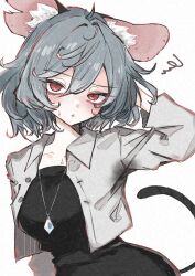 Rule 34 | 1girl, alternate costume, animal ear fluff, animal ears, arm behind head, arm up, black dress, commentary request, deal360acv, dress, grey hair, grey jacket, highres, jacket, jewelry, long sleeves, looking at viewer, medium hair, mouse ears, mouse tail, nazrin, open clothes, open jacket, open mouth, pendant, red eyes, simple background, solo, squiggle, sweatdrop, tail, touhou, upper body, white background