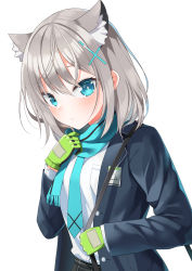 Rule 34 | 1girl, animal ear fluff, animal ears, aqua scarf, bag, black jacket, blouse, blue archive, blue eyes, blush, breast pocket, cat ears, cat girl, closed mouth, cross hair ornament, extra ears, gloves, green gloves, hair ornament, highres, jacket, long sleeves, looking at viewer, menbou (menbow3v), mismatched pupils, open clothes, open jacket, pocket, scarf, shiroko (blue archive), shirt, short hair, shoulder bag, silver hair, simple background, smile, solo, unbuttoned, upper body, white background, white shirt