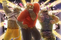 Rule 34 | 3boys, ^ ^, abs, alternate costume, animal ears, asterius (housamo), bara, blush, brown fur, bulge, camouflage, camouflage headwear, camouflage pants, chest hair, chest harness, chest tuft, closed eyes, covered abs, cow ears, cow horns, cow tail, cropped shirt, dancing, feet out of frame, furry, furry male, green tank top, gyumao (housamo), harness, headband, horns, idol, kishi guma, large pectorals, male focus, mature male, minotaur, mint, multiple boys, muscular, muscular male, navel, nose piercing, pants, partially unbuttoned, pectoral cleavage, pectorals, piercing, purple horns, red shirt, shennong (housamo), shirt, short hair, sidepec, sleeves rolled up, smile, stomach, striped clothes, striped pants, tail, tank top, thick thighs, thighs, tokyo houkago summoners, white hair, yellow pants
