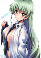 Rule 34 | 1girl, :o, anchovy (girls und panzer), anzio school uniform, between breasts, blush, breasts, brown eyes, character name, cleavage, covered erect nipples, girls und panzer, green hair, hair down, holding, holding ribbon, kamogawa tanuki, large breasts, long hair, long sleeves, looking at viewer, necktie, necktie between breasts, no bra, open clothes, open shirt, ribbon, school uniform, shirt, sidelocks, signature, simple background, solo, untied, white background, white shirt