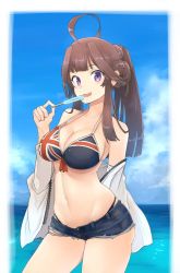 Rule 34 | 1girl, :d, ahoge, arm behind back, bad id, bad twitter id, bare shoulders, bikini, black bikini, blue sky, breasts, brown hair, cleavage, cloud, collarbone, commentary request, contrapposto, cowboy shot, cutoffs, denim, denim shorts, food, front-tie bikini top, front-tie top, hair bun, halterneck, hand up, holding, horizon, jacket, kantai collection, kongou (kancolle), large breasts, long hair, long sleeves, looking at viewer, navel, ocean, off shoulder, open clothes, open jacket, open mouth, popsicle, purple eyes, short shorts, shorts, sidelocks, single hair bun, sky, smile, solo, standing, stomach, strap gap, swimsuit, thighs, union jack bikini, white jacket, yuzuruka (bougainvillea), zipper
