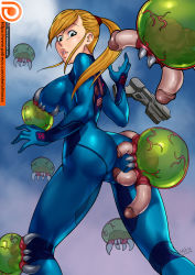 Rule 34 | 1girl, blonde hair, blue bodysuit, blunt bangs, bodysuit, grabbing another&#039;s breast, breasts, cameltoe, extra penises, feet out of frame, from behind, grabbing, high ponytail, highres, impossible bodysuit, impossible clothes, looking back, metroid, metroid (creature), monster, multiple penises, nintendo, penis, ponytail, samus aran, sketch lanza, skin tight, standing, through clothes, zero suit