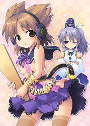 2girls bare_shoulders belt bracelet brown_eyes brown_hair crossed_arms detached_sleeves female_focus hat jewelry kurogarasu long_hair mononobe_no_futo multiple_girls ponytail ribbon ritual_baton short_hair silver_hair skirt tate_eboshi thighhighs touhou toyosatomimi_no_miko wink