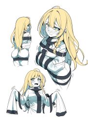 Rule 34 | 1girl, :d, ahoge, alternate costume, ass, belt, black belt, blonde hair, blue eyes, blush, bound, bow, braid, commentary request, cowboy shot, cropped legs, from behind, hair between eyes, hair bow, highres, kirisame marisa, limited palette, long hair, looking at viewer, multiple views, nodoguro (phi-tan), open mouth, restrained, side braid, simple background, single braid, smile, solo, straitjacket, sweatdrop, touhou, very long hair, very long sleeves, white background, white bow, yellow eyes