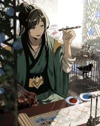 Rule 34 | 1boy, ai ai gasa, bird, birdcage, black hair, blood, blood on clothes, blood on hands, blue flower, blurry, book, book stack, cage, calligraphy brush, chinese clothes, depth of field, desk, fish, fishbowl, flower, green eyes, green hanfu, hand tattoo, hanfu, highres, holding, holding brush, holding hands, lan wangji, long hair, long sleeves, modao zushi, nie huaisang, nie mingjue, open mouth, out of frame, paint, paintbrush, painting (action), plant, sash, scroll, smile, sunlight, takara yuto, talisman, tattoo, water, wei wuxian, wide sleeves, window, x, xiao guan (headdress)
