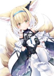Rule 34 | animal ear fluff, animal ears, arknights, black gloves, blue hairband, dress, earpiece, fox ears, fox girl, fox tail, frilled dress, frills, gloves, hair rings, hairband, highres, id card, infection monitor (arknights), kitsune, kyuubi, material growth, multiple tails, oripathy lesion (arknights), pantyhose, single glove, soles, suzuran (arknights), tail, white background, white pantyhose, yuki kawachi