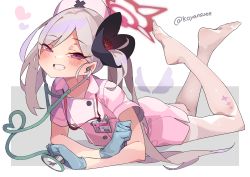Rule 34 | 1girl, blue archive, flower, gloves, hair flower, hair ornament, halo, highres, koyansuee, lying, mutsuki (blue archive), no shoes, nurse, on stomach, pantyhose, rubber gloves, scrunchie, soles, stethoscope, white pantyhose