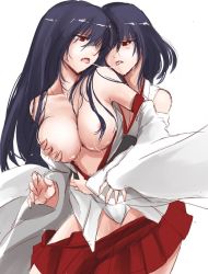 Rule 34 | 10s, 2girls, akatsuki akane, black hair, grabbing another&#039;s breast, breasts, clothes pull, detached sleeves, fusou (kancolle), grabbing, grabbing from behind, incest, kantai collection, large breasts, long hair, multiple girls, nontraditional miko, off shoulder, red eyes, saliva swap, short hair, siblings, sisters, skirt, skirt pull, sweat, undressing, wide sleeves, yamashiro (kancolle), yuri