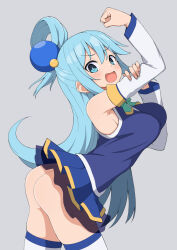 Rule 34 | 1girl, :d, aqua (konosuba), aqua eyes, aqua hair, arched back, arm up, ass, bare shoulders, bow, bowtie, breasts, clenched hand, detached sleeves, from side, green bow, green bowtie, green eyes, grey background, hair between eyes, hair ornament, hair rings, highres, kono subarashii sekai ni shukufuku wo!, large breasts, long hair, looking at viewer, no panties, open mouth, salpin, simple background, single hair ring, skindentation, smile, solo, thighhighs, white thighhighs