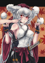Rule 34 | 1girl, animal ears, black gloves, breasts, cheek poking, detached sleeves, female focus, gloves, hat, impossible clothes, impossible shirt, inubashiri momiji, large breasts, no bra, panzer (p.z), poking, red eyes, shield, shirt, short hair, sideboob, silver hair, solo, sword, tokin hat, touhou, weapon, wolf ears