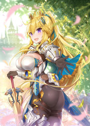 Rule 34 | 1girl, armor, ass, black gloves, black pantyhose, blonde hair, blurry, breasts, cleavage, day, depth of field, fantasy, gloves, greaves, hair between eyes, holding, holding sword, holding weapon, large breasts, light rays, long hair, moeru! arthur-ou to entaku no kishi jiten, moeru! jiten, official art, outdoors, outstretched arm, pantyhose, petals, planted, planted sword, planted weapon, ponytail, purple eyes, sidelocks, solo, sunbeam, sunlight, sword, vambraces, very long hair, weapon, yaman