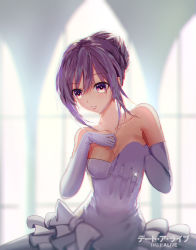 Rule 34 | 1girl, alternate costume, alternate hairstyle, bare shoulders, breasts, cleavage, collarbone, copyright name, date a live, dress, elbow gloves, feng mouren, frilled dress, frills, gloves, glowing, glowing eyes, hair bun, highres, jewelry, looking at viewer, medium breasts, necklace, open mouth, ornate ring, purple eyes, purple hair, ring, single hair bun, solo, strapless, strapless dress, wedding, wedding dress, wedding ring, white dress, white gloves, yatogami tooka