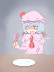 Rule 34 | 1girl, ascot, blue hair, brooch, constricted pupils, dress, food, hand up, hat, hat ribbon, highres, holding, jewelry, juliet sleeves, kanpa (campagne 9), long sleeves, looking down, medium hair, mob cap, open mouth, pink dress, pinky out, plate, popsicle, puffy sleeves, remilia scarlet, ribbon, shaded face, solo, touhou, upper body, v-shaped eyebrows, vampire, wings