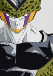 Rule 34 | 1boy, brown eyes, cell (dragon ball), commentary request, dragon ball, dragonball z, evil smile, highres, male focus, perfect cell, portrait, smile, solo, takumi1230g, white background