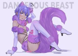 Rule 34 | 1girl, animal ears, arm support, arm up, black claws, blush, boots, bow, breasts, chaldea logo, claw pose, claws, cosplay, dark-skinned female, dark skin, elbow gloves, embarrassed, english text, fake animal ears, fake claws, fake tail, fang, fate/grand order, fate (series), footwear bow, from side, full body, fur-trimmed footwear, fur-trimmed gloves, fur bikini, fur collar, fur trim, gloves, halloween costume, hassan of serenity (fate), high heel boots, high heels, highres, hyakuashi2525, lace, lace-trimmed legwear, lace trim, legs up, looking at viewer, looking to the side, mash kyrielight, mash kyrielight (dangerous beast), mash kyrielight (dangerous beast) (cosplay), navel, o-ring, o-ring top, open mouth, pink bow, purple background, purple eyes, purple footwear, purple gloves, purple hair, purple tail, revealing clothes, short hair, simple background, sitting, small breasts, solo, tail, thigh boots, wolf ears, wolf tail