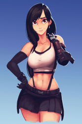 Rule 34 | 1girl, abs, absurdres, arm guards, black hair, blue background, breasts, cleavage, crop top, cropped legs, earrings, elbow gloves, final fantasy, final fantasy vii, final fantasy vii remake, fingerless gloves, gloves, hand on own hip, highres, jewelry, large breasts, long hair, miniskirt, navel, parted lips, pleated skirt, raichiyo33, red eyes, skirt, smile, solo, stomach, suspenders, tank top, tifa lockhart, toned