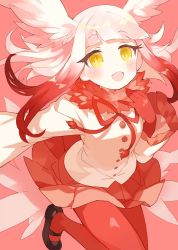 Rule 34 | 1girl, blush, fur collar, head wings, japanese crested ibis (kemono friends), kanyoko (yuzukano 17), kemono friends, long hair, long sleeves, looking at viewer, multicolored hair, open mouth, pantyhose, pleated skirt, red hair, red pantyhose, simple background, skirt, smile, solo, white hair, wings, yellow eyes