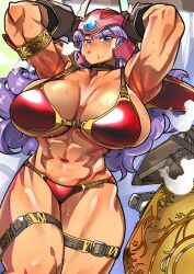 Rule 34 | 1girl, abs, armor, belt, bikini armor, blood, bloody weapon, blue eyes, breasts, brown gloves, cleavage, dragon quest, dragon quest iii, gloves, grin, hand on own hip, helmet, huge breasts, kemonono (inchiki dou), long hair, looking at viewer, lying, muscular, muscular arms, muscular female, on back, pout, purple hair, red armor, revealing clothes, shield, smile, soldier (dq3), solo, sweat, sword, thigh belt, thigh strap, weapon, winged helmet