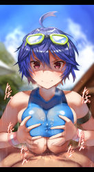 Rule 34 | 1boy, 1girl, ahoge, bad id, bad pixiv id, bare shoulders, belko, blue hair, blue shirt, blue sky, blurry, blurry background, blush, breasts, character request, closed mouth, clothes lift, cloud, collarbone, commentary request, cum, cum on clothes, cum in clothes, day, ejaculation, eyewear on head, goggles, hair between eyes, heavy breathing, highres, large breasts, looking at viewer, male pubic hair, mosquito coil, motion lines, outdoors, paizuri, paizuri under clothes, phantom of the kill, pubic hair, red eyes, shirt, shirt lift, short hair, sky, sleeveless, sleeveless shirt, smile, solo focus, sweat, translation request, upper body, wristband