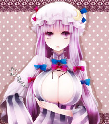 Rule 34 | 1girl, apt, bad id, bad pixiv id, blunt bangs, bow, breasts, cleavage, crescent, female focus, hair bow, hat, highres, huge breasts, long hair, mukyuu, open clothes, patchouli knowledge, purple eyes, purple hair, solo, tears, touhou, undone, upper body, ut (apt)