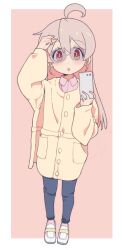 Rule 34 | 1girl, :o, ahoge, blue pants, brown eyes, cellphone, coat, collared shirt, commentary request, full body, genderswap, genderswap (mtf), grey-framed eyewear, grey hair, hand in own hair, holding, holding phone, kayabakoro, loafers, long hair, long sleeves, looking at viewer, no socks, onii-chan wa oshimai!, open mouth, outside border, oyama mahiro, pants, phone, pink background, pink shirt, shirt, shoes, smartphone, solo, standing, sunglasses, white coat, white footwear