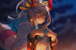 Rule 34 | 1girl, absurdres, blue hair, blush, chain, cuffs, curled horns, earrings, hair ornament, hair stick, highres, hoop earrings, horns, index fingers together, japanese clothes, jewelry, kimono, multicolored hair, multicolored horns, one piece, oni, oni horns, orange horns, ponytail, red eyes, red horns, rope, seiini, shackles, shimenawa, smile, solo, two-tone hair, white hair, white kimono, yamato (one piece), yellow horns