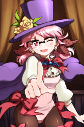 Rule 34 | 1girl, ;d, bat (animal), blush, bow, brooch, cape, crescent conundrum, earrings, flower, glasses, grin, hair ribbon, hair rings, hat, index finger raised, jewelry, leotard, long hair, lowres, one eye closed, open mouth, over-rim eyewear, pantyhose, pink eyes, pink hair, pinstripe pattern, pointing, polka dot, ribbon, rose, semi-rimless eyewear, smile, solo, striped, sword girls, top hat, wink, wooni