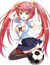 Rule 34 | 19 (kaitou19), 1girl, ass, ball, bra, breasts, erica (soccer spirits), green eyes, hair ornament, hairclip, heart, heart hair ornament, highres, long hair, looking at viewer, open mouth, pink bra, pink hair, plaid, plaid scarf, red hair, scarf, skirt, smile, soccer ball, soccer spirits, solo, telstar, thighhighs, transparent background, twintails, underwear, very long hair, victoria (soccer spirits), white background