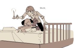 Rule 34 | 1boy, 1girl, arm up, bed, blush, candle, candlestand, chilchuck&#039;s wife, chilchuck tims, closed mouth, couple, dress, dungeon meshi, halfling, highres, holding, holding candle, husband and wife, kimsun 28, korean text, lace-trimmed sleeves, lace trim, long hair, long sleeves, looking away, looking down, lying, no shoes, on back, on bed, on one knee, outstretched arms, pillow, simple background, sleeves rolled up, socks, white background