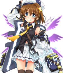 Rule 34 | 1girl, artist name, black gloves, blue eyes, blush, breasts, brown hair, brown thighhighs, dated, fingerless gloves, gloves, grin, hair ornament, hat, highres, looking at viewer, lyrical nanoha, mahou shoujo lyrical nanoha, mahou shoujo lyrical nanoha a&#039;s, miniskirt, navel, san-pon, shiny skin, short hair, simple background, skirt, small breasts, smile, solo, thighhighs, white background, white skirt, x hair ornament, yagami hayate